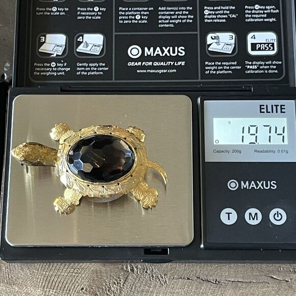 VTG Silver Gold Plated Faceted Smokey Quartz Topaz Turtle Brooch Pendant 19grams - Picture 14 of 14